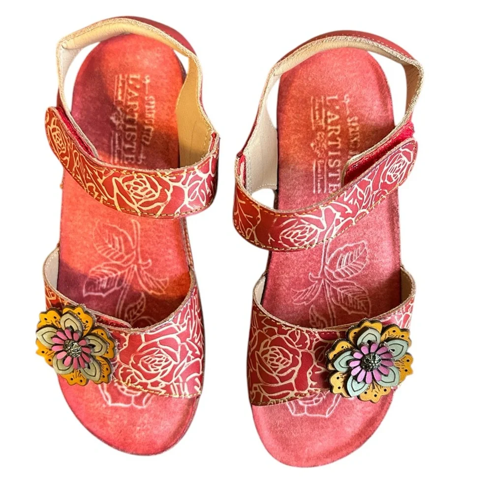 LARTISTE by Spring Step Leather Wedge Sandals Red Women 6.5 - 7 EU 37